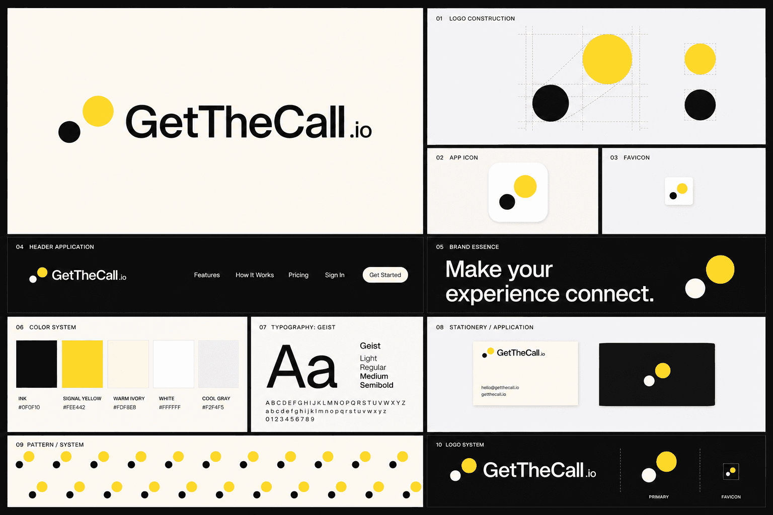 GetTheCall identity system showing the logo, construction, color, typography, app icon, navigation, stationery, and pattern
